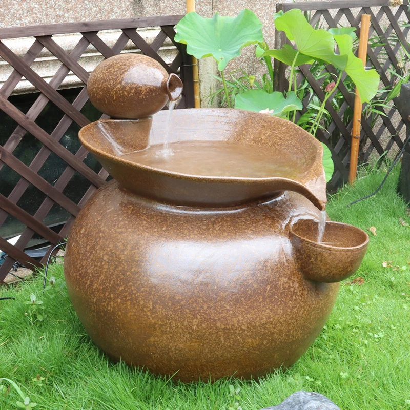 中式水景观造景装饰自然陶瓷水缸创意室内外落地鱼池流水喷泉摆件