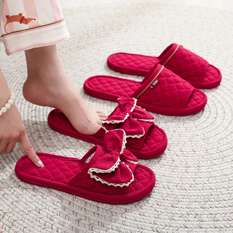 新款家居室内防滑颗粒蝴蝶结布艺布底鞋女情侣静音木地板秋冬四季