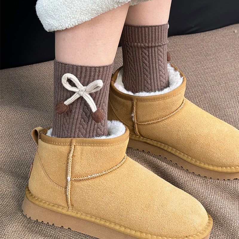 蝴蝶结袜子女秋冬季加厚中筒袜可爱芭蕾风长筒堆堆袜仿羊绒保暖袜