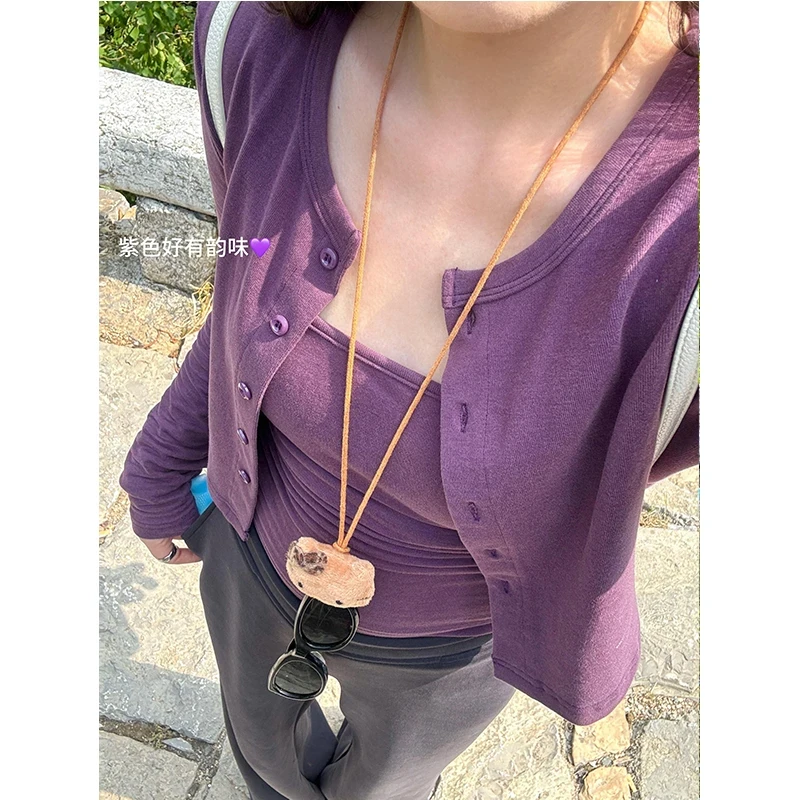 休闲气质紫色针织开衫两件套女2025入秋新款纯欲显瘦短款吊带上衣