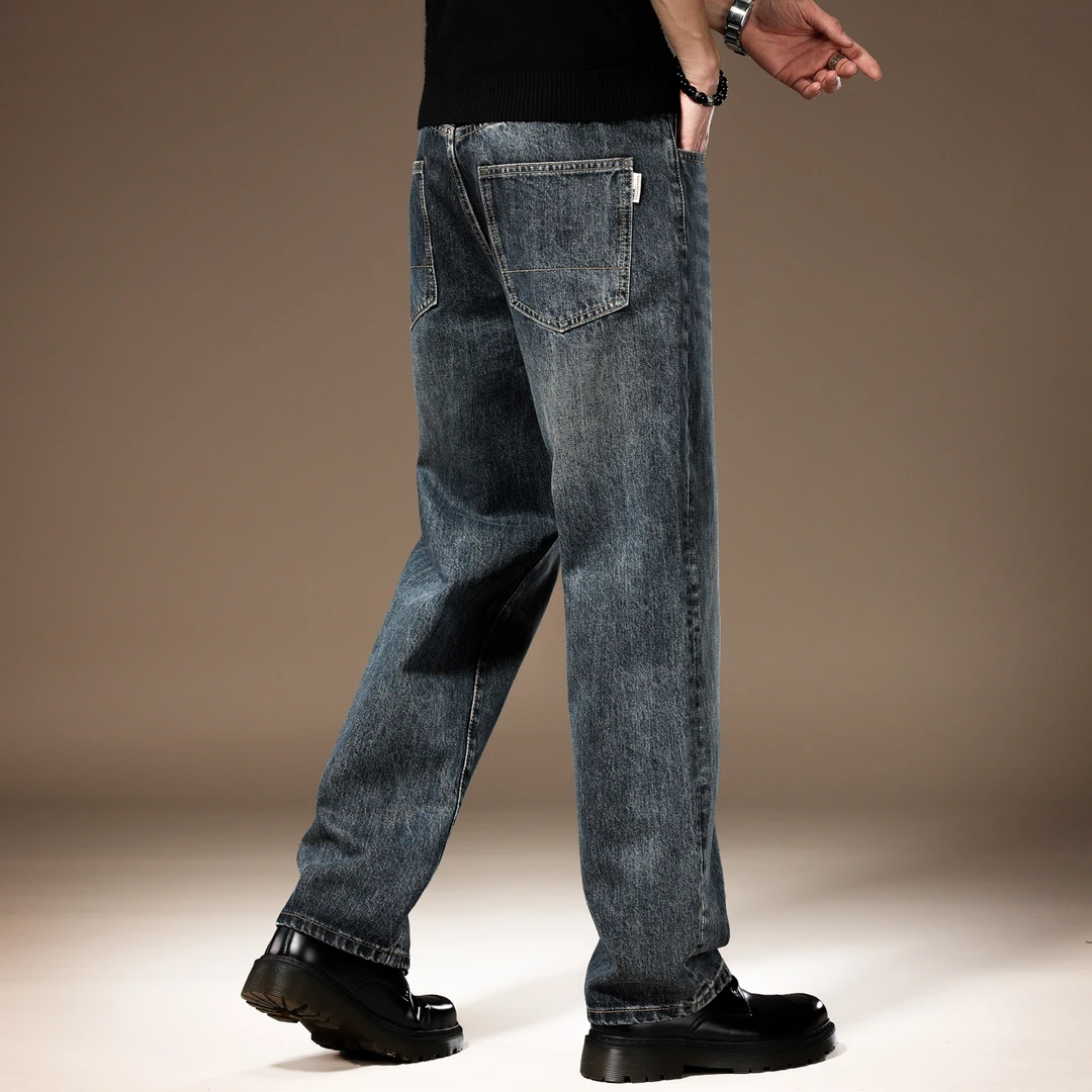 哈曼勒拿男士秋季复古阔腿牛仔裤加绒宽松休闲痞帅拖地长裤子男