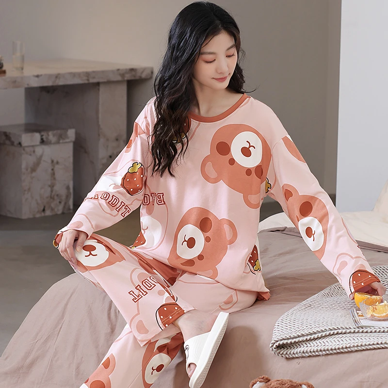 2024春秋季新款女士大码长袖宽松睡衣套装学生韩版套头甜美家居服
