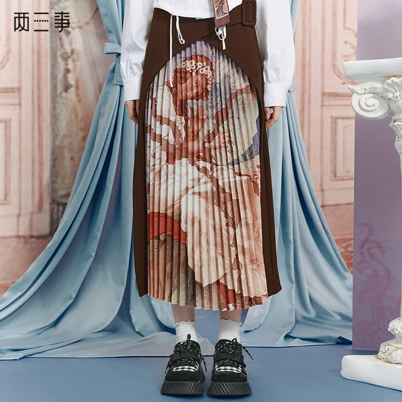 春夏绮梦失焦2024春季新款复古印花压褶学生高腰半身裙气质长裙
