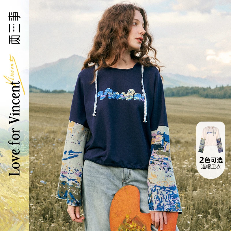 两三事梵高文艺 袖中锦 2024秋季新款刺绣拼接袖假两件连帽卫衣女