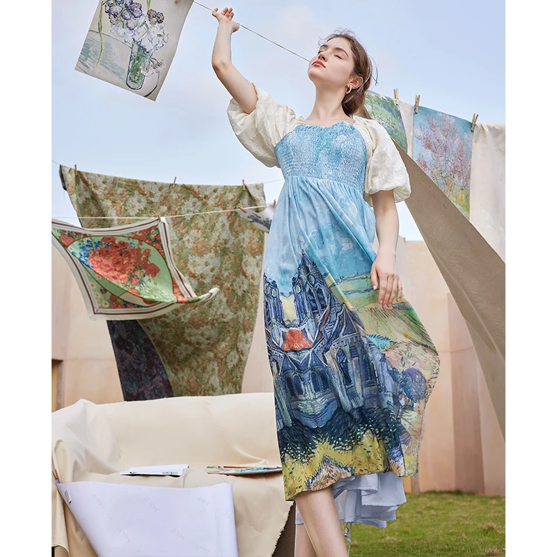 两三事荷以清凉田园风泡泡袖绑带连衣裙S23XLY073