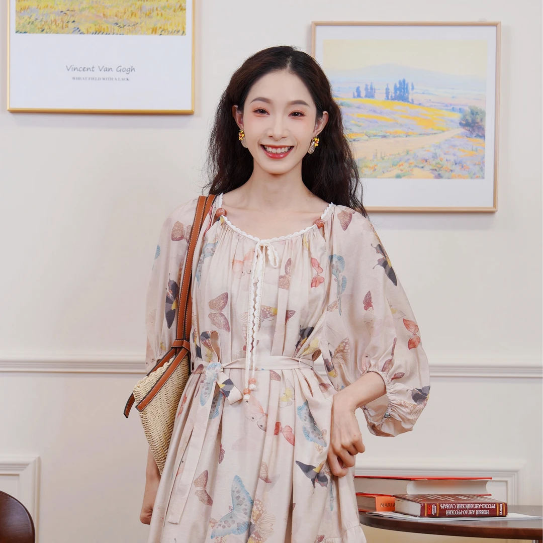 两三事破茧成蝶夏季新款时尚印花复古飘逸温柔浪漫优雅日常仙女裙