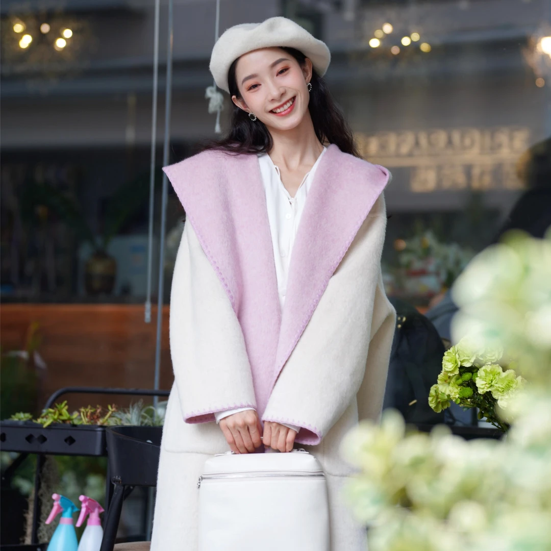 两三事风的温柔 秋季新款温柔气质撞色时尚百搭双面长款毛呢大衣