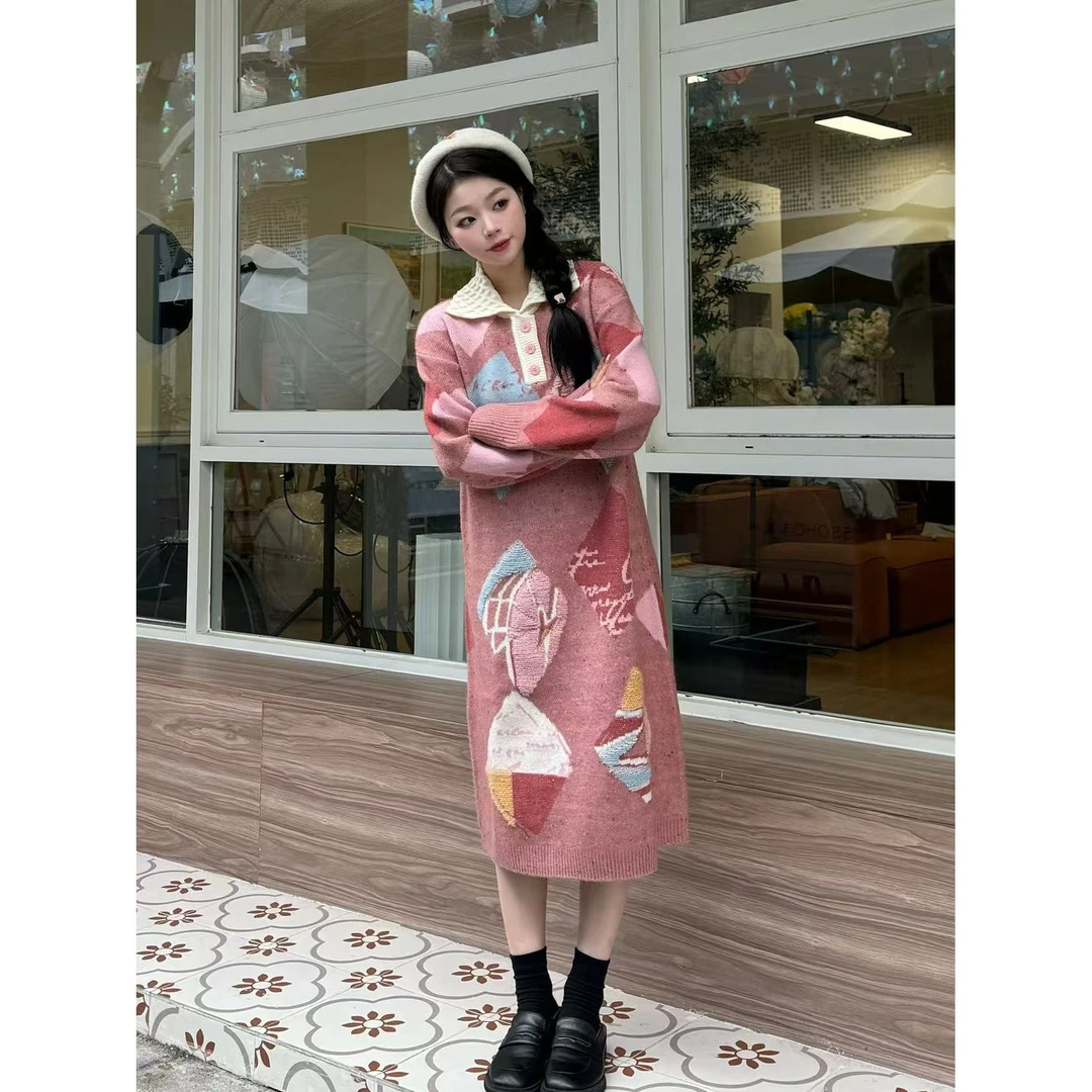 梵高文艺多维浪漫2024冬季新款复古毛巾绣菱形格毛衣连衣裙