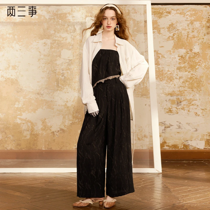 两三事镀金岁月2024夏季新款时尚烫金纹路高腰两件套阔腿休闲裤女