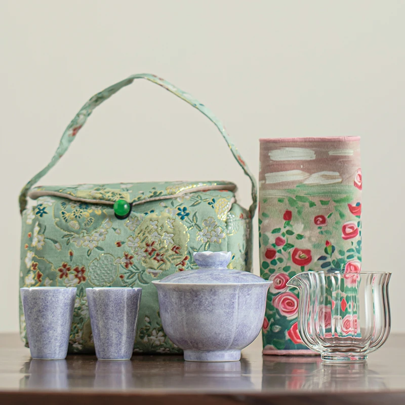 紫色盖碗旅行茶具套装中式创意手绘釉下彩茶具女士礼品茶具伴手礼