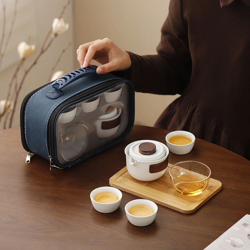 月白快客杯便携式旅行茶具套装随身携带收纳包户外露营功夫泡茶具