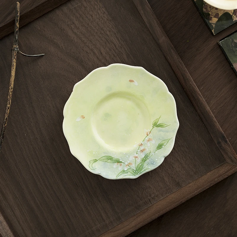 手绘粉引文心兰花陶瓷杯垫功夫茶托杯托高颜值隔热茶杯垫茶道配件