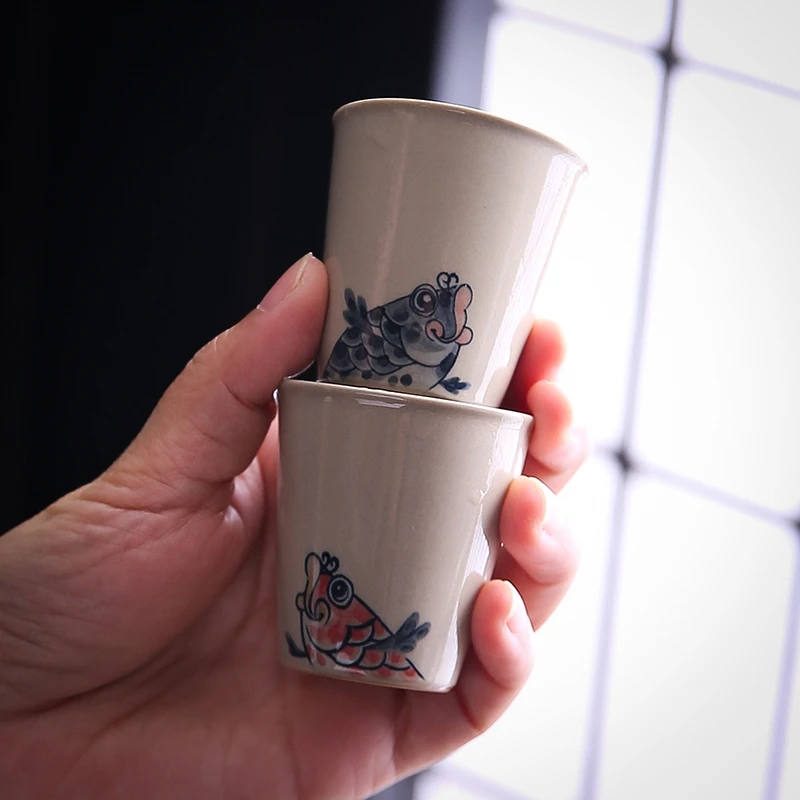 陶瓷釉下彩手绘手工闻香品茗杯中式复古草木灰个人专用茶杯茶盏