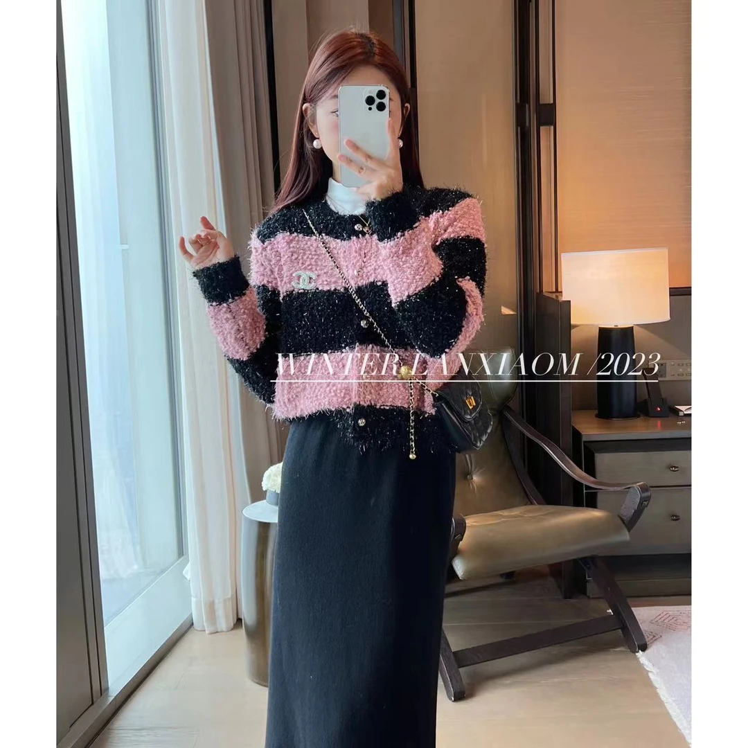 【懒小毛】2023新款金珠球球单排扣时尚长袖针织女毛衣外套158031
