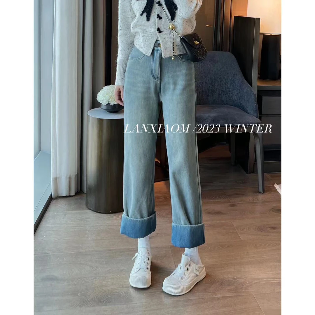 【懒小毛】2023新款加腰带高级设计感显瘦加绒百搭牛仔裤女168090