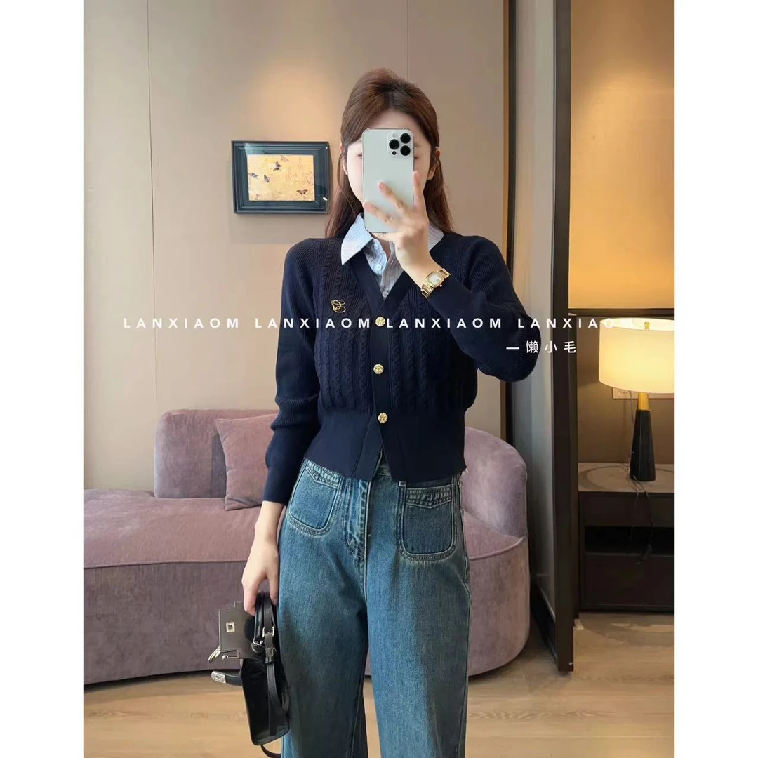 懒小毛学院风拼接条纹领气质时尚显瘦宽松外穿长袖针织衬衫158063