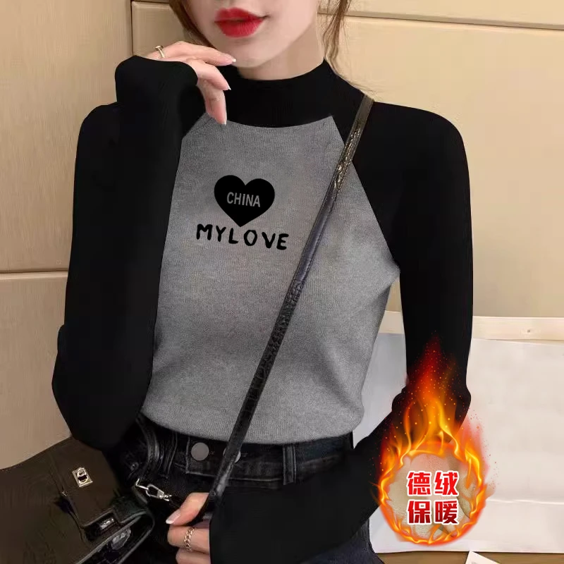 2024秋冬新款插肩袖加厚保暖半高领德绒打底衫长袖修身百搭上衣潮
