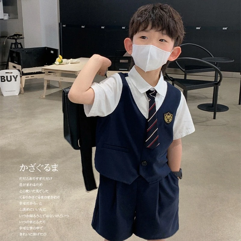 童装学院风假两件套装夏季儿童时髦短袖衬衫男童西裤短裤儿童套装