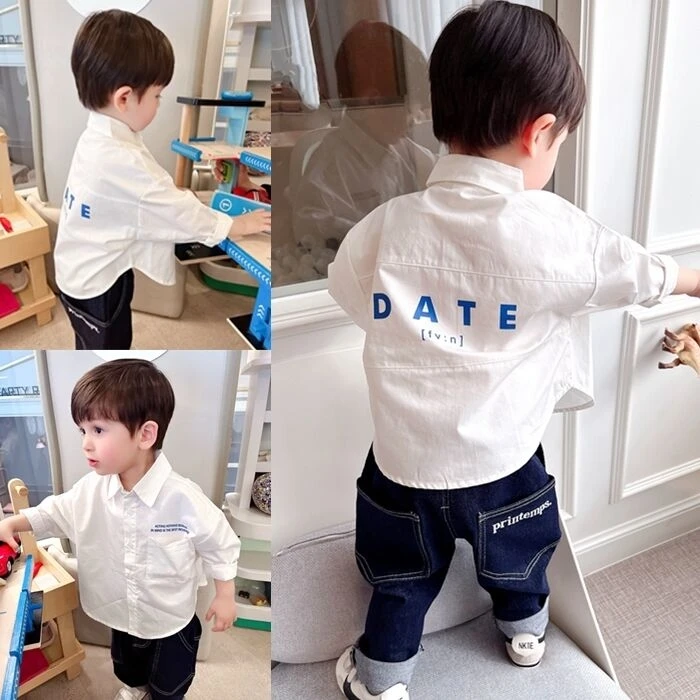 男童棉质百搭白色衬衫潮2023春秋季款中小童洋气宝宝儿童长袖