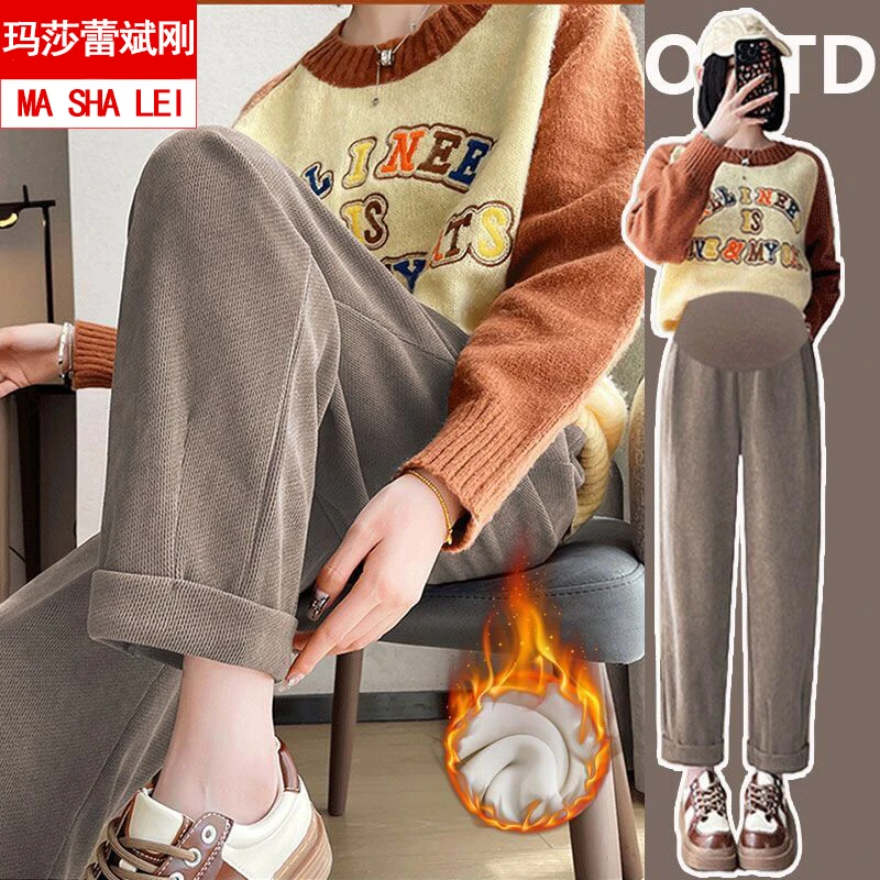孕妇裤秋冬外穿新款时尚萝卜裤冬季加绒直筒阔腿休闲裤保暖奶奶裤