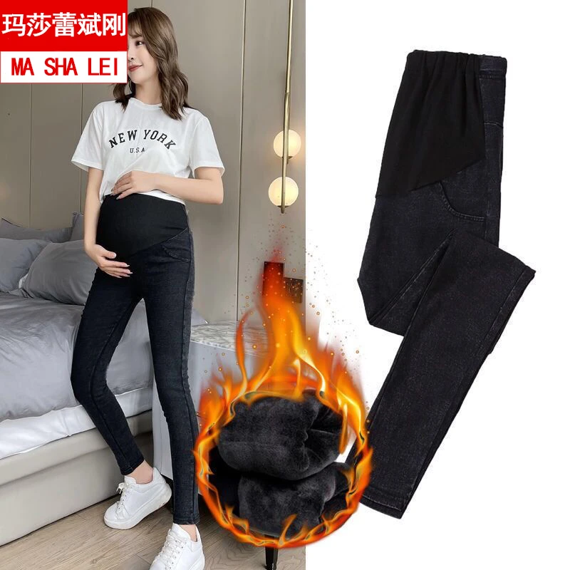 孕妇裤子秋冬外穿小脚裤托腹加绒长裤冬季保暖黑色打底裤潮妈冬装