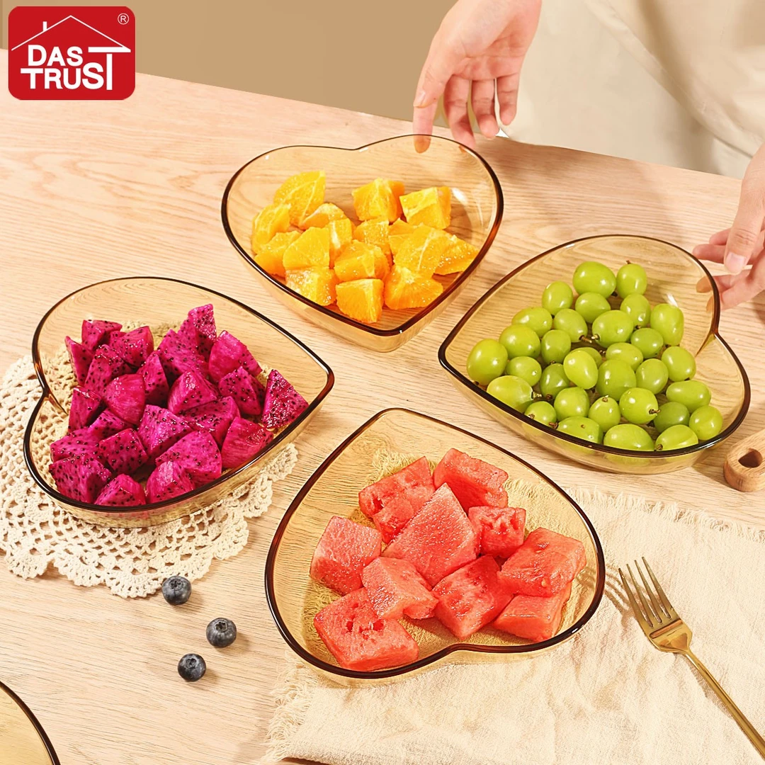 【创得工厂】琥珀色高硼硅玻璃爱心便当盘四只装菜盘微波炉加热