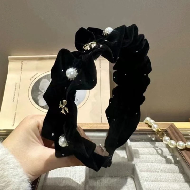 网红珍珠褶皱丝绒发箍女显脸小百搭发卡复古高颅顶压发头箍发饰