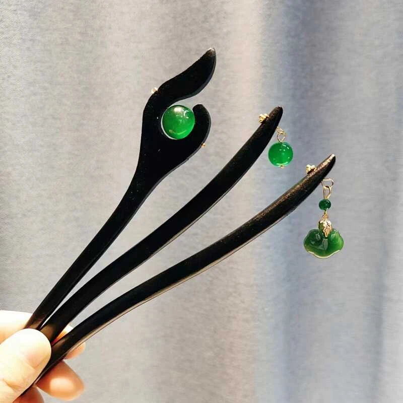新中式绿珠平安锁发簪女日常简约发钗古风汉服旗袍盘发木簪子头饰