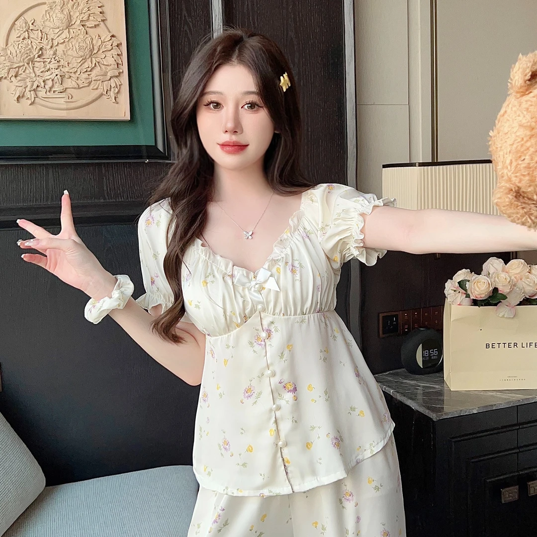 【黛西】月光丝带胸垫短袖短裤碎花显瘦夏季显高显白睡衣女轻奢透气