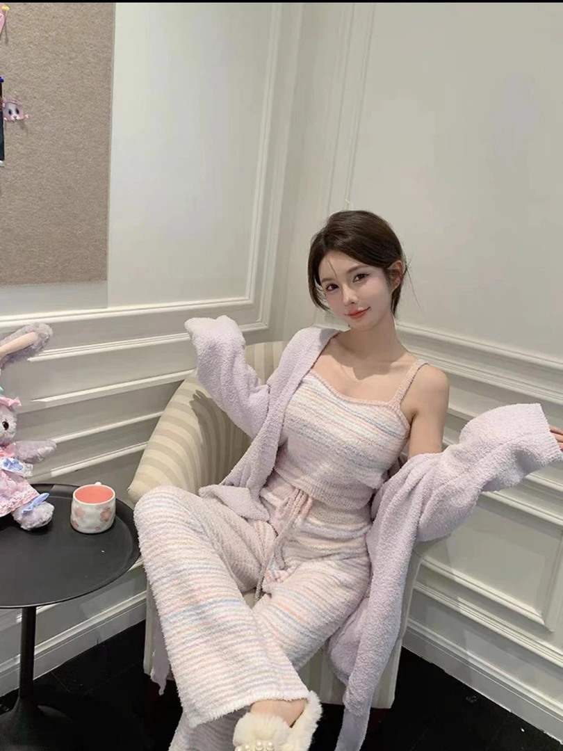 【甜梦】2023软绵绵羽毛纱可外穿半边绒三件套保暖甜美睡衣女秋冬22
