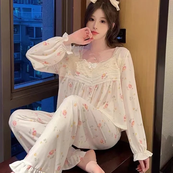 77【春日花室】睡衣女长袖长裤简约显瘦宽松显白透气春秋薄款