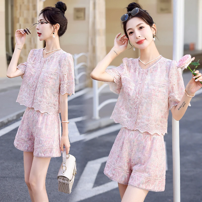 小香风短裤套装女2024夏新款小个子欧货时尚洋气蕾丝两件套职业装