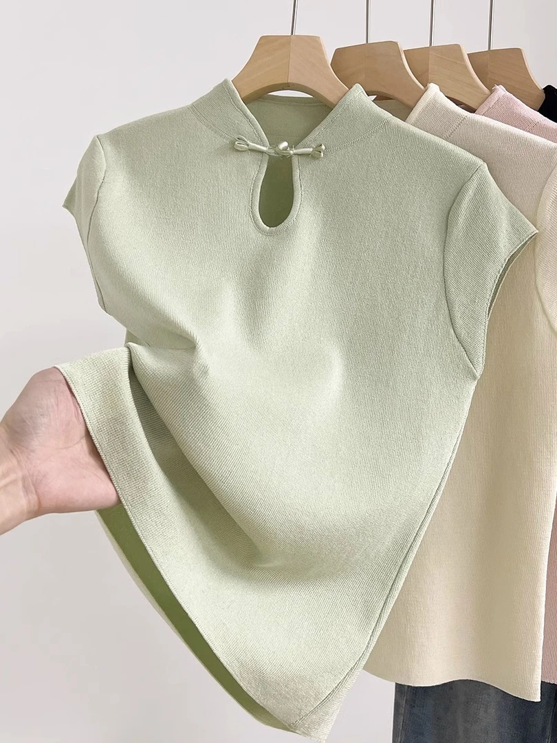 正肩飞飞袖短袖女2025夏季新款盘扣新中式国风针织衫显瘦打底衣女