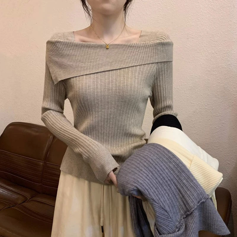 一字肩针织衫女秋冬别致打底衫女款爆款2025小众高级感修身上衣