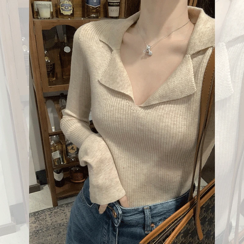 polo领长袖翻立领针织衫女2023年入秋上衣修身显瘦薄款打底衫上衣