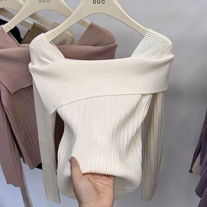 一字肩针织衫女2025早秋新款打底衫内搭美拉德小众高级感修身上衣