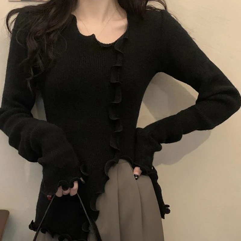 法式新款早秋季女装小衫打底针织衫内搭毛衣辣妹黑色上衣长袖纯欲