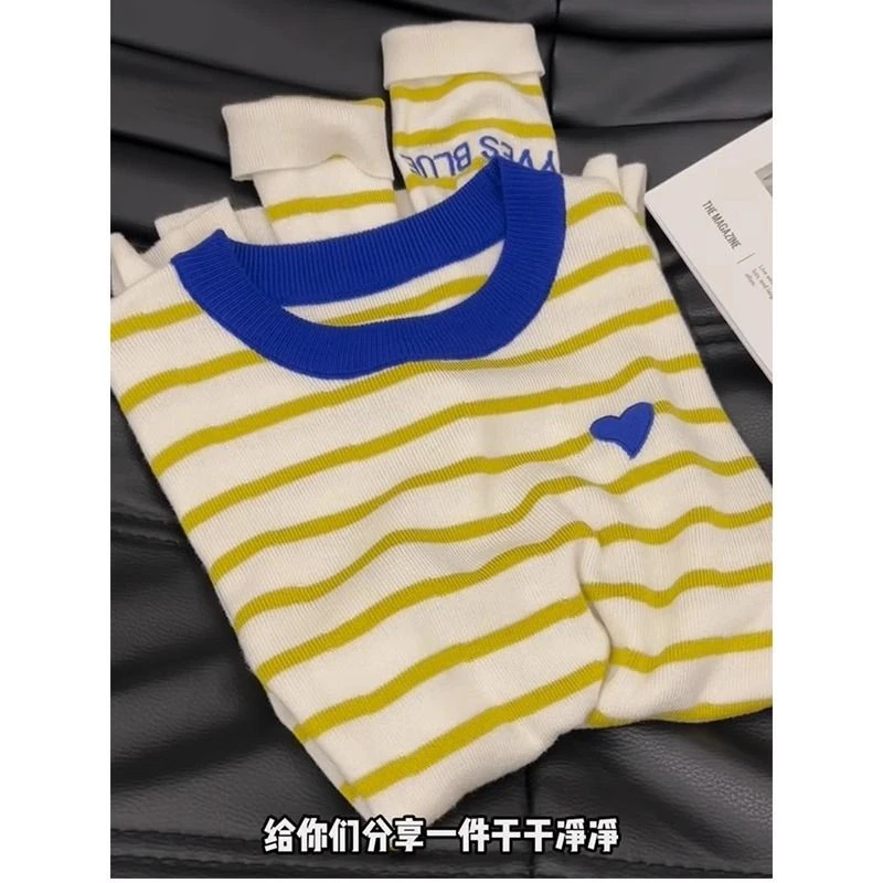 韩系条纹chic针织打底衫女秋冬新款爱心刺绣内搭上衣减龄撞色毛衣