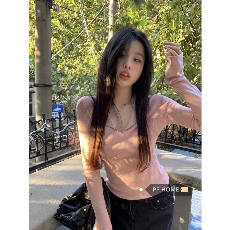 法式POLO针织衫设计感小众打底衫毛衣女秋季新款修身显瘦内搭上衣