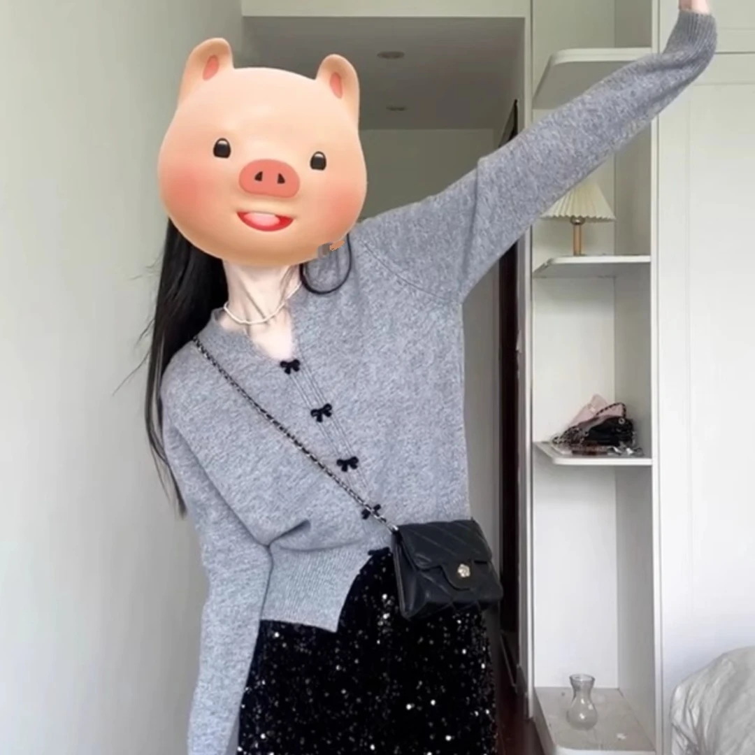 v领灰色蝴蝶结针织衫外套女早秋季2025新款韩系独特别致长袖上衣