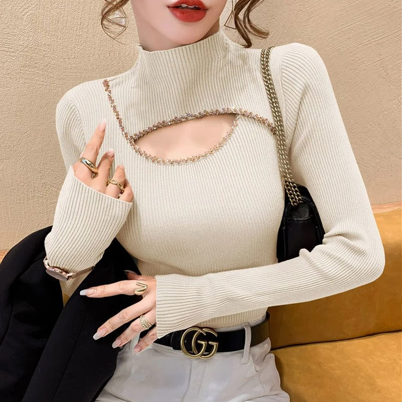 法式缕空毛衣女秋冬新款洋气半高领打底衫高级感独特别致针织上衣