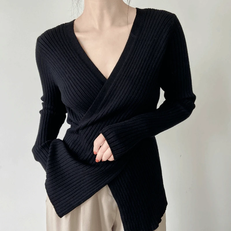 套头打底毛衣女士秋冬2023内搭修身洋气韩版显瘦交叉v领针织衫潮