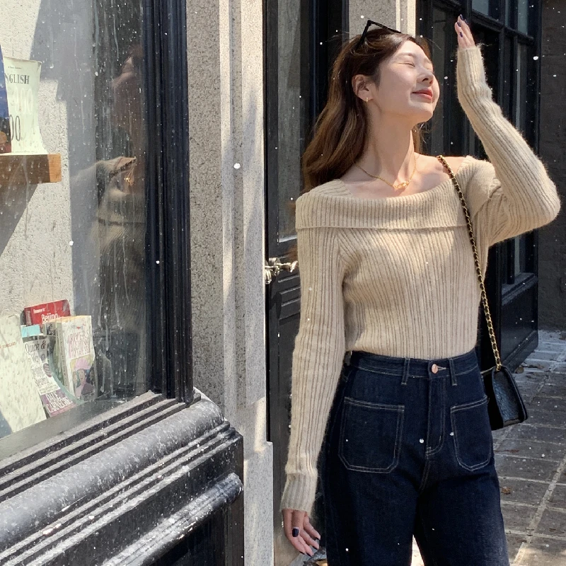 温莎领一字肩露锁骨针织衫毛衣秋冬内搭打底衫毛织设计感小众上衣