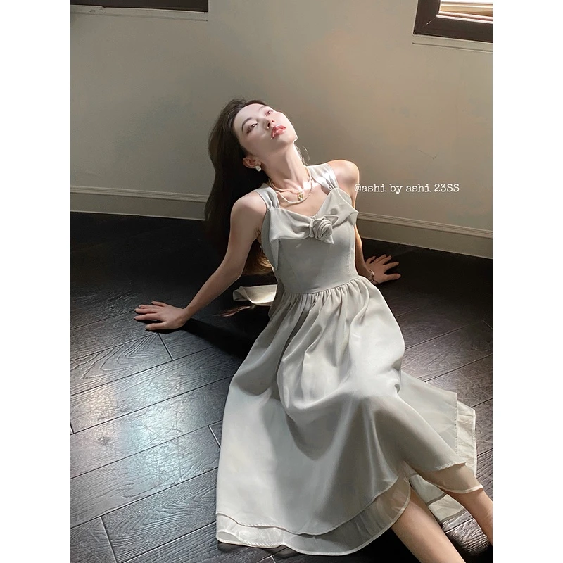 大于诗集 法式雪纺吊带连衣裙女小个子设计感露背收腰A字裙夏季