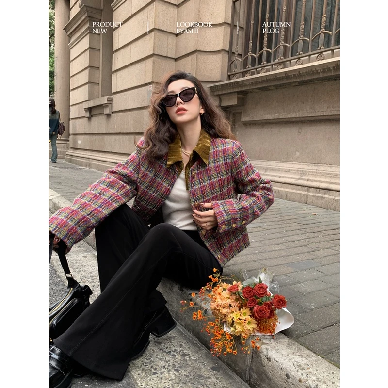 大于诗集 彩色粗花呢小香风外套女小个子假两件棉服格纹短款上衣