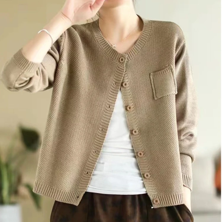 2023文艺纯色圆领小口袋单排扣针开衫女百搭秋冬上衣
