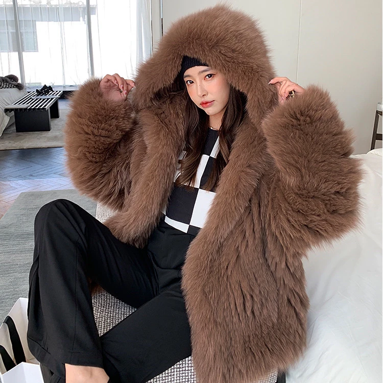菲司精品双面编织狐狸毛秋冬连帽外套女装网红年轻款毛毛大衣冬