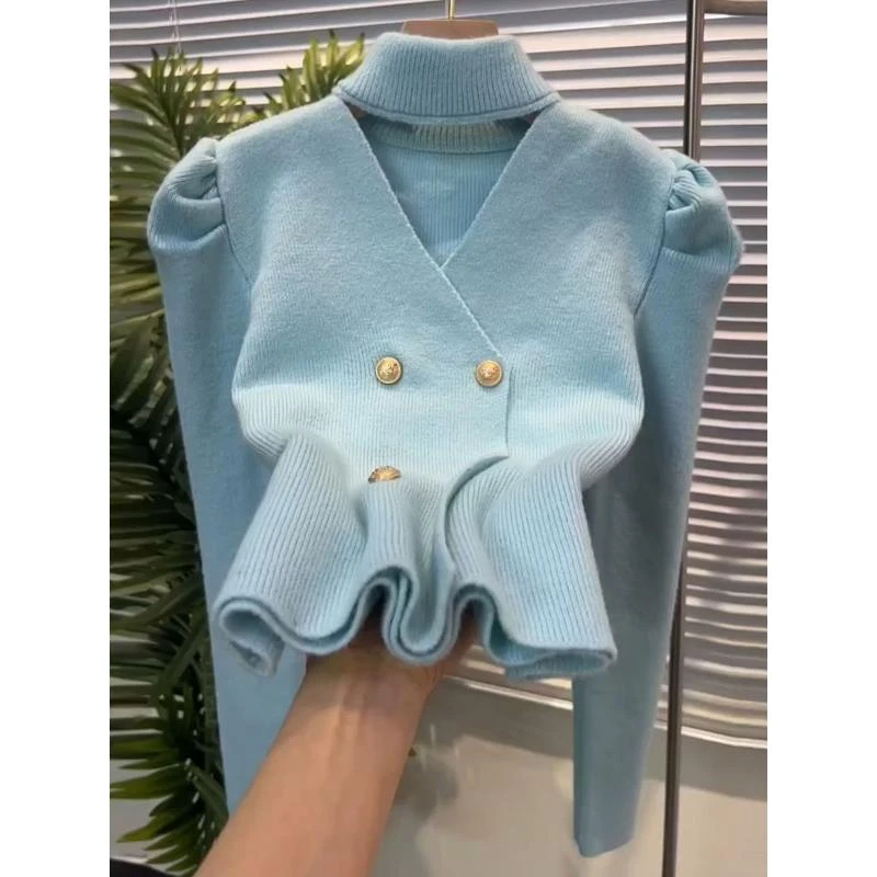 休闲韩版小香风领挂脖设计感上衣女春秋新款打底衫开衫修身上衣