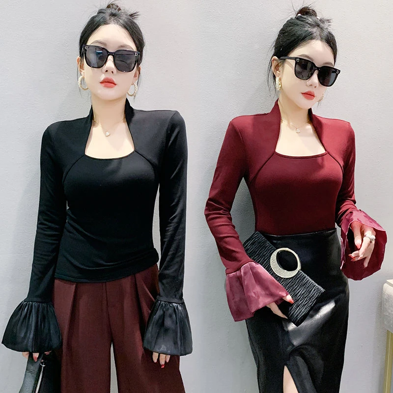 秋冬新款高级设计感方领修身显瘦洋气喇叭上衣长袖T恤打底衫女
