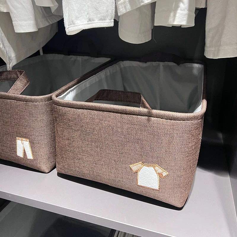 亚麻棕刺绣衣服图案收纳筐2个，尺寸45*28*17H，不带束口可折叠储物